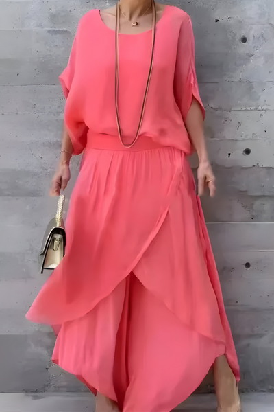 Carlotte™ | Top holgado y pantalón ancho con abertura – conjunto de dos piezas en gasa